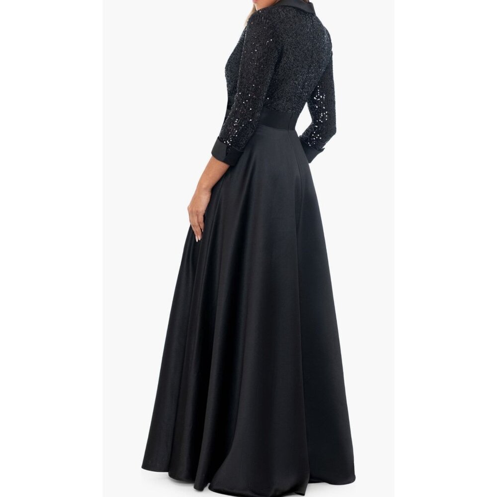 Xscape Black Sequin-Embellished Gown With Satin Collar & Belt Size 4 Long Sleeve - Picture 2 of 7